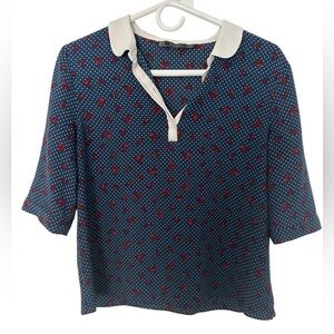 Zara Trafaluc Medium collared short sleeve paper crane print blouse navy blue